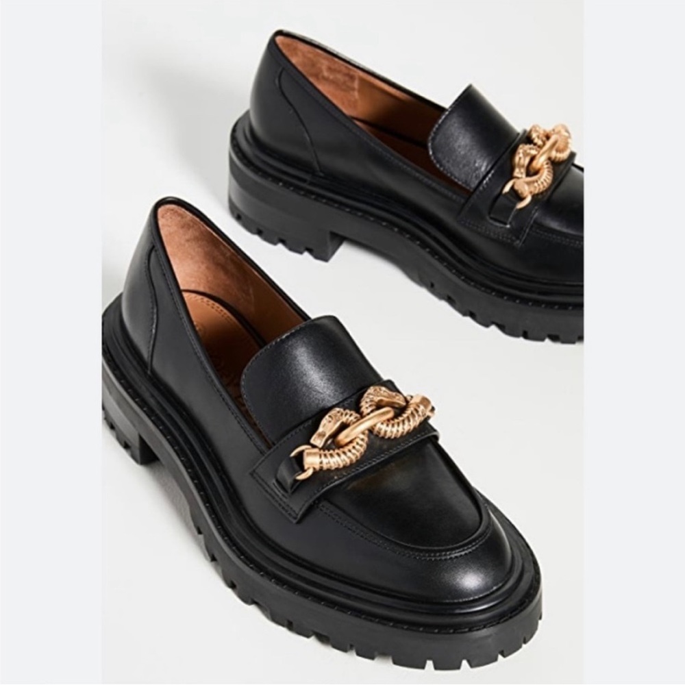 Tory Burch Jessa Platform Lug Sole Horse Bit Loafer Leather Black Size 7